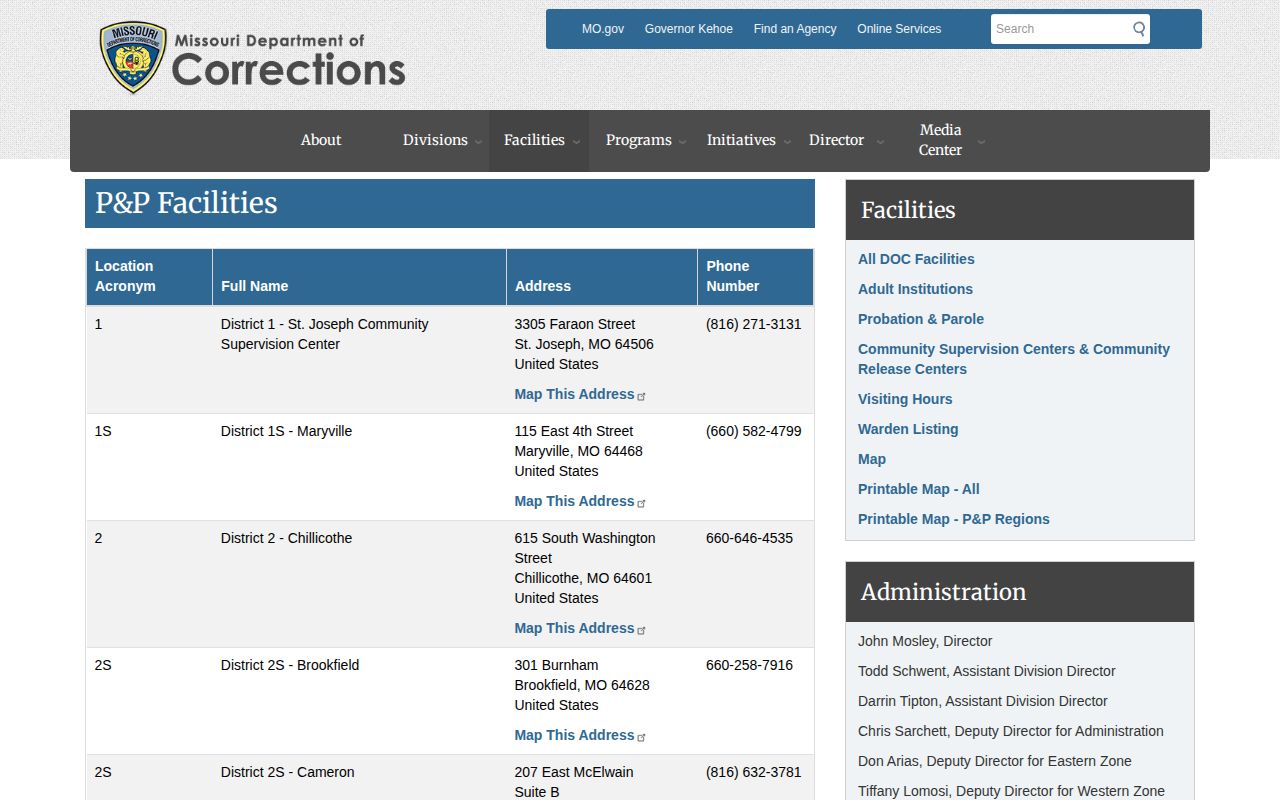 Missouri Department of Corrections St. Louis probation and parole office address listing