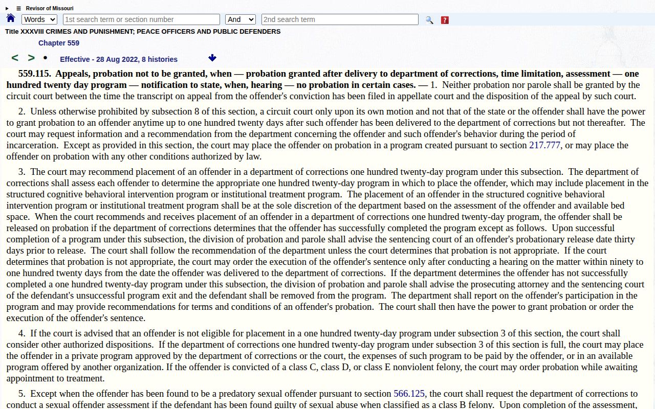 Missouri statute section 559.115 governing the 120-day institutional treatment release framework