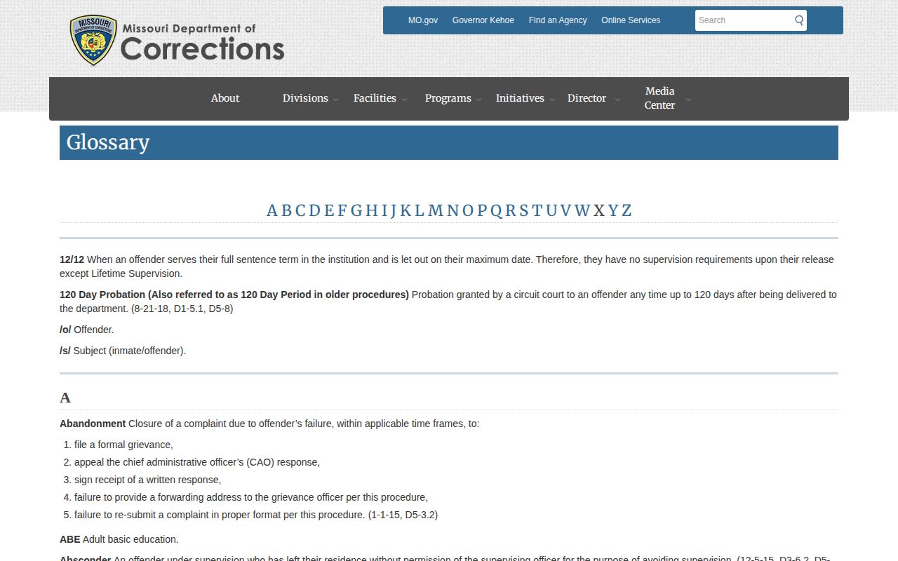Missouri Department of Corrections glossary defining presumptive parole release date
