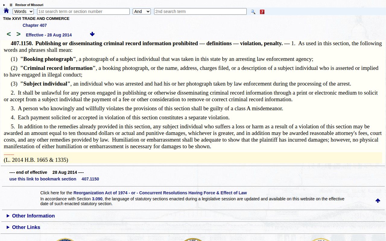Missouri section 407.1150 concerning payment demands for booking-photo removal or correction